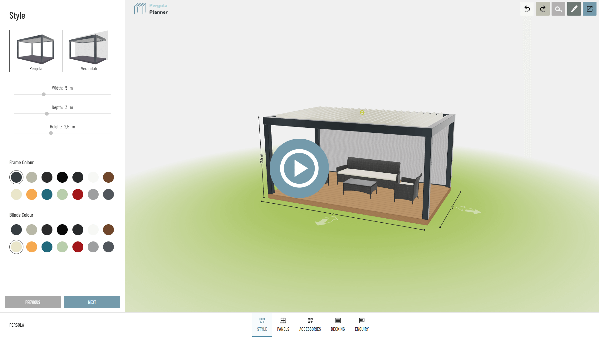 The Pergola Planner configurator branded for a business.